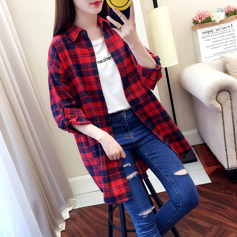 Red Plaid Shirt Woman Retro Port Taste Spring Dress 2022 New Long Sleeve Shirt Loose Korean Version Blouse Jacket Woman