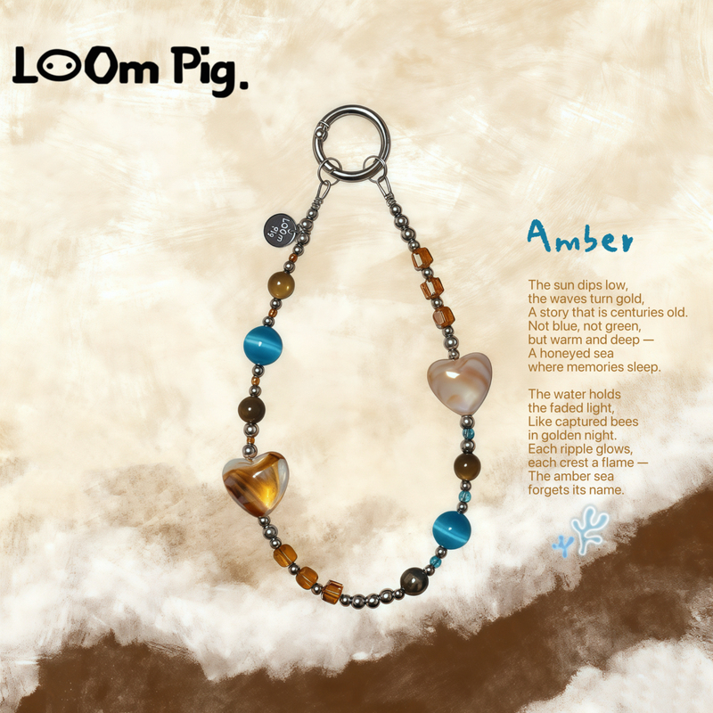 Loom Pig《Amber Sea》Amber Blues Gradient Cat's Eye Stone Phone Chain Autumn and Winter Style Pendant·Original Loom Pig《Amber Sea》Amber Blues Gradient Cat's Eye Stone Phone Chain Autumn and Winter Style Pendant·Original