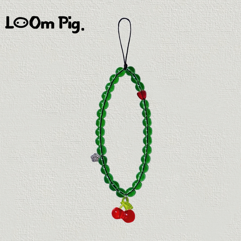 Loom Pig《Red Cherry》Glass Beads Red and Green Cherry Translucent Phone Chain Original Handmade
