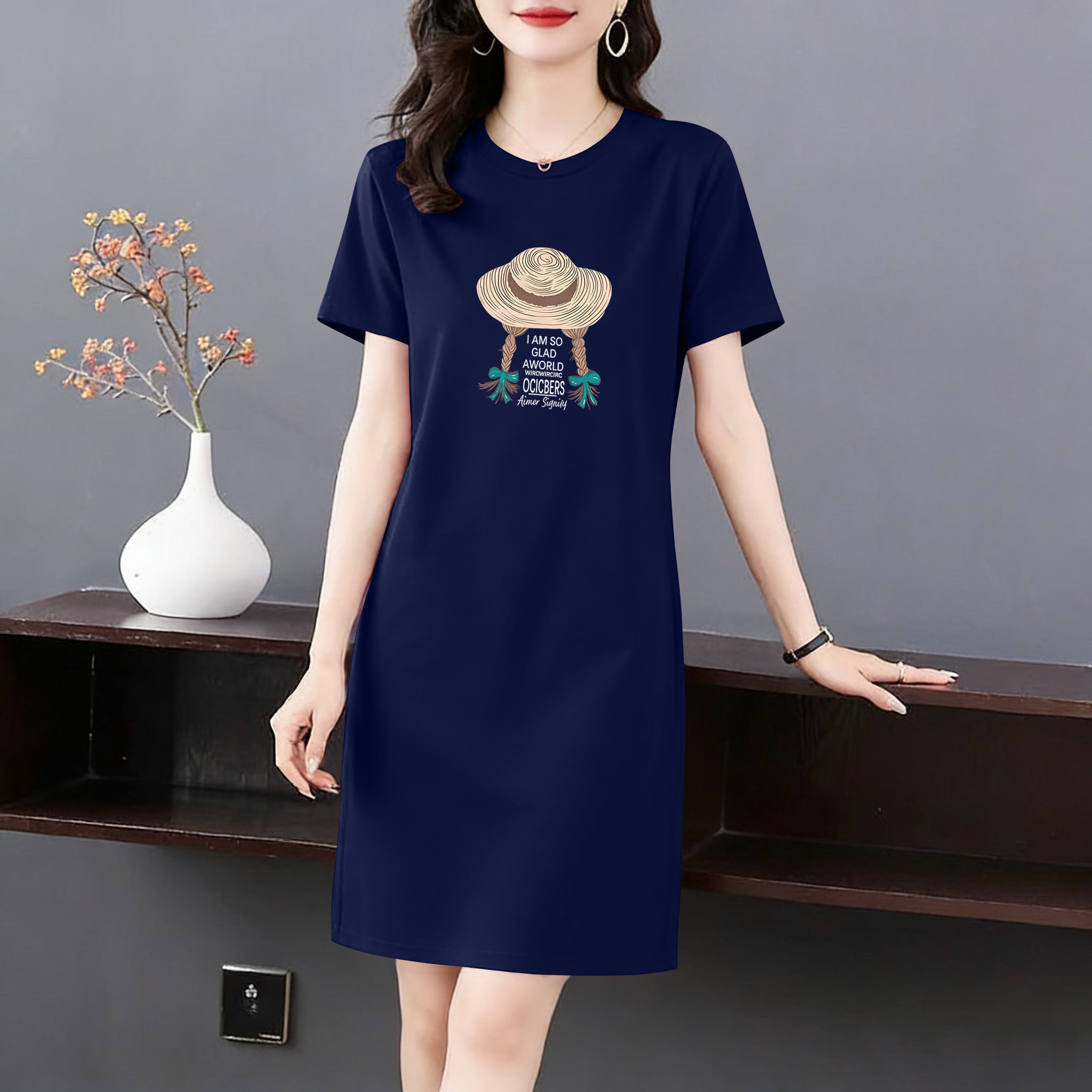 外贸出口100%纯棉气质短袖T恤女连衣裙夏季宽松中长款休闲体恤裙