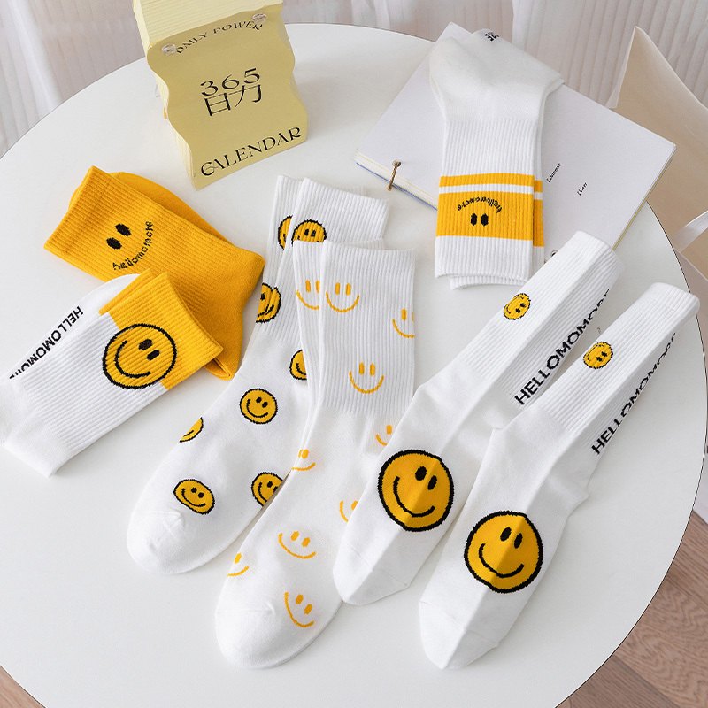Smiley Face Socks for Women, Mid-Calf Length, Pure Cotton, Spring and Autumn, Cute Yellow, Street Style, Suitable for Wearing Outside, Trendy with Shark Pants, Long Socks