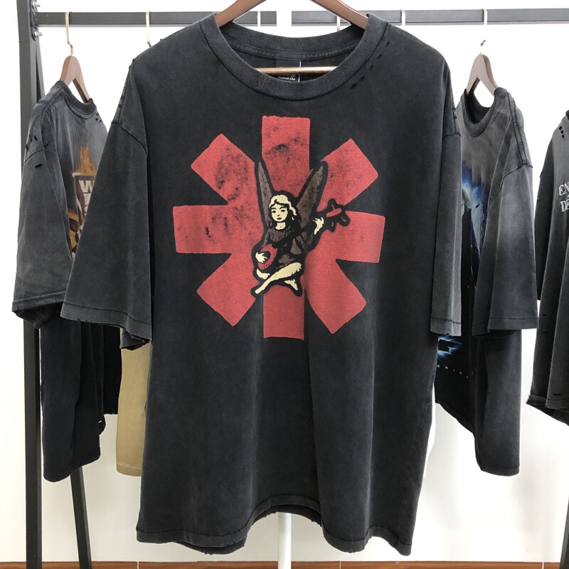 Saint × Red Hot Chili Peppers Red Hot Chili Peppers Band Collaboration Vintage Short-Sleeve T-Shirt for Men and Women Trendy