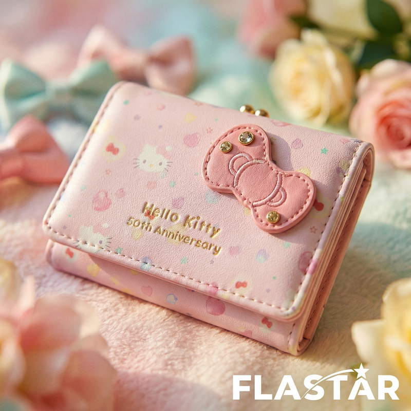 Japanese Flastar Genuine 50Th Anniversary Limited Edition Hello Kitty Short Wallet Folding Card Holder Birthday Gift for Women