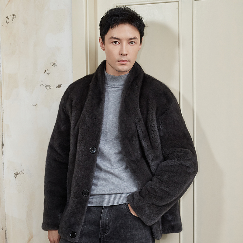 New V-Neck Mink Coat for Men, Velvet Short Imported Baojia American Mink Fur Coat, Whole Mink