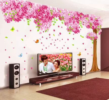 Hoa anh đào dán tường dán phòng khách TV nền tường trang trí ấm áp phòng ngủ lãng mạn phòng ngủ hình nền tự dính - TV