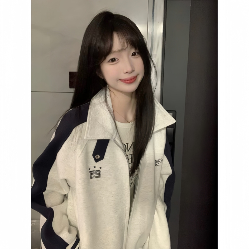 American Retro Embroidered Stand-Up Collar Sweatshirt for Girls, Spring and Autumn Cardigan Jacket for Middle and High School Students