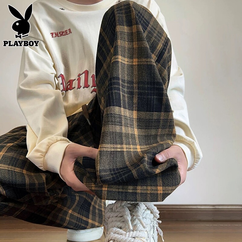 Playboy Casual Pants for Men, Summer Loose Wide-Leg Pants, Trendy American-Style Plaid Long Pants for Men