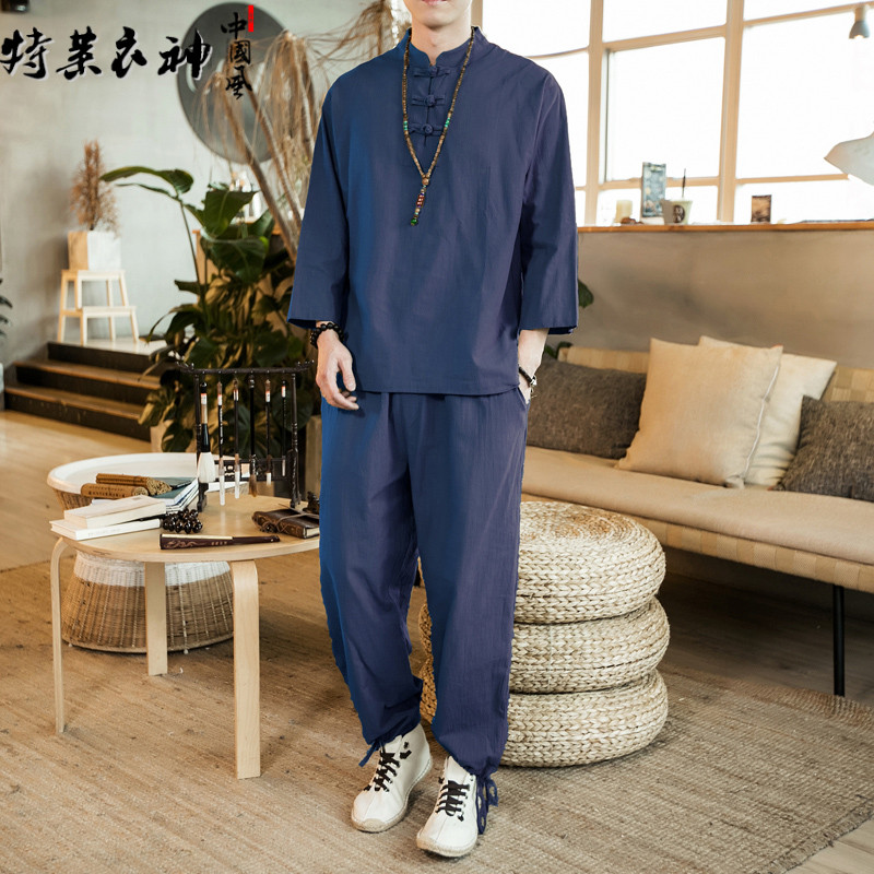 Summer Chinese style linen suit for young men Large size ancient Han suit Men's Tang suit Short sleeve t-shirt Buddhist Zen suit