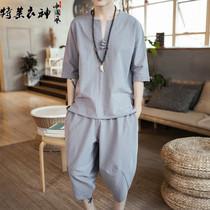 linen set men's summer plus size Chinese style tang dress men's clothing antique cotton linen short sleeve t-shirt two piece set