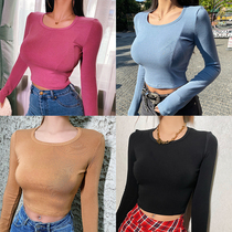 Helen (warm black technology)De Velvet stretch slim-fit top Womens T-shirt round neck short tight base shirt