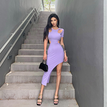 Helen European and American Sexy dress goddess beheading male dress) hollowed out irregular high open fork to fix the hip skirt