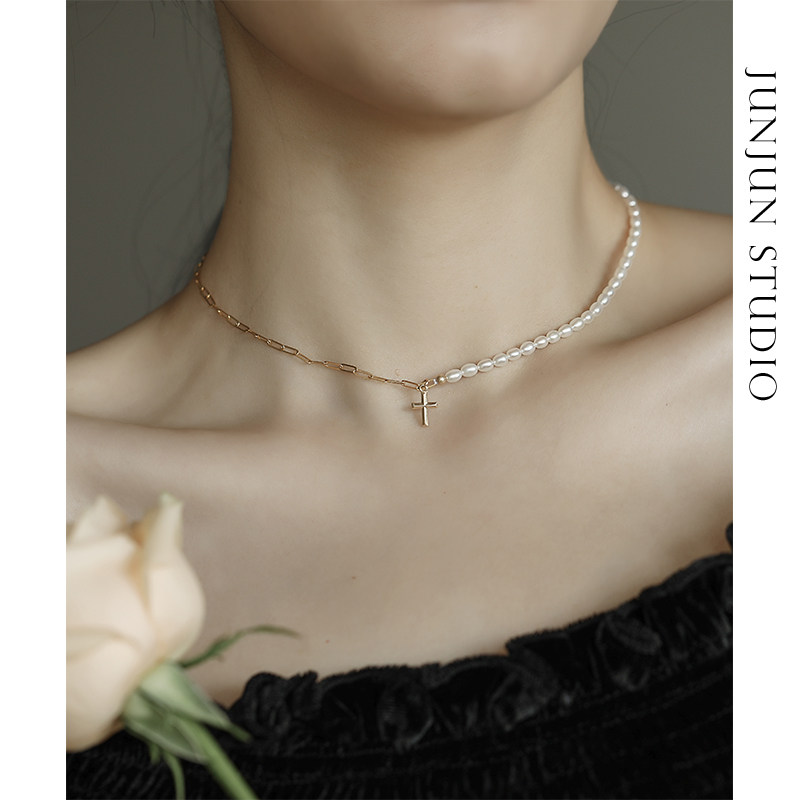 JUNJUN homemade original niche design freshwater pearl cross 2020 American 14K gold note necklace collarbone