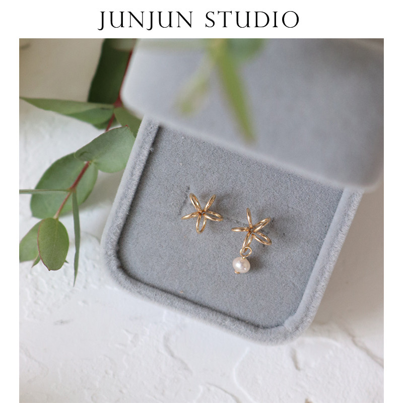 JUNJUN original design stereo asymmetric AB model with simple pearl ear nails in the United States 14k injection earrings