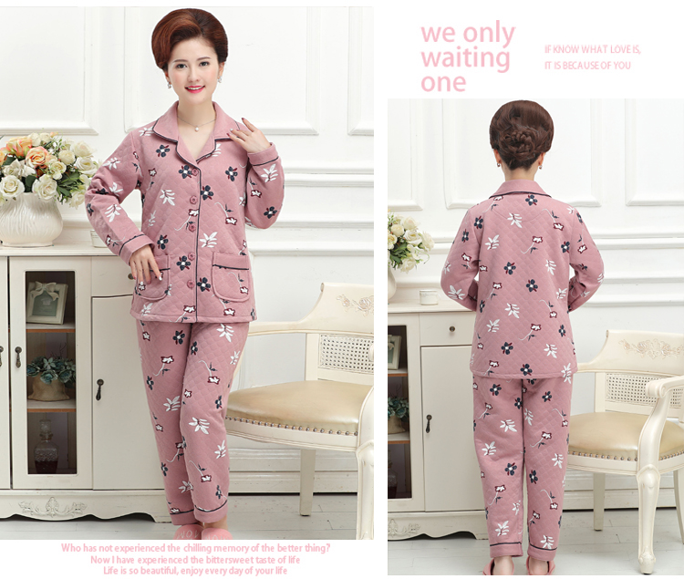 Mùa thu và mùa đông nam và nữ ba lớp mỏng vài bộ đồ ngủ cotton tay dài cotton trung niên cha và mẹ phù hợp với tuổi trung niên đồ đôi nam nữ
