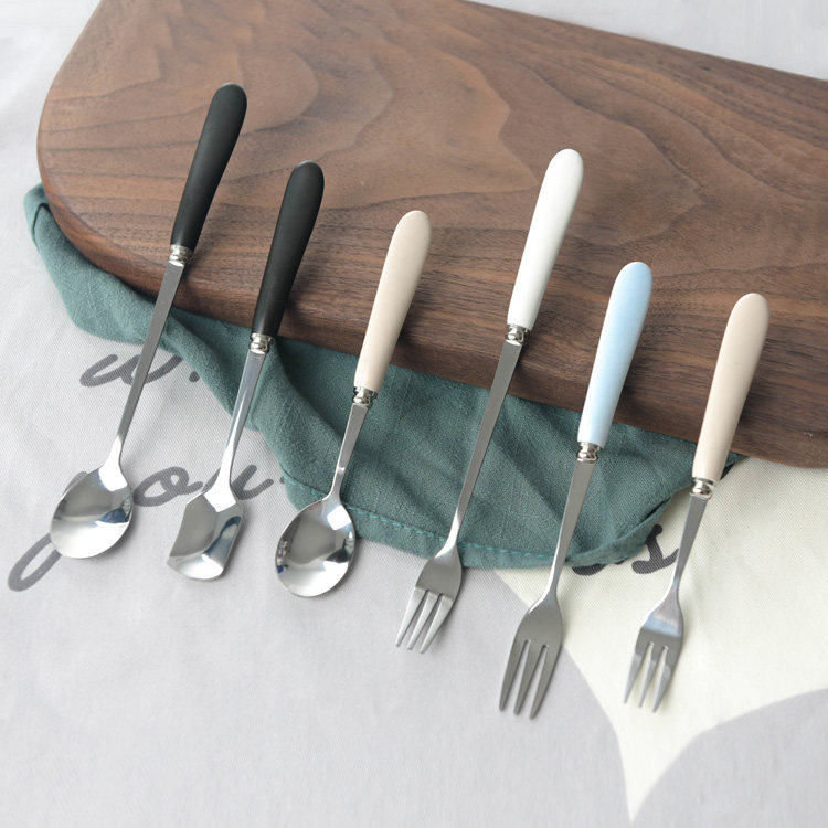 Japanese creative soup spoon middle tableware small spoon ceramic long stainless steel fruit fork coffee stirring spoon