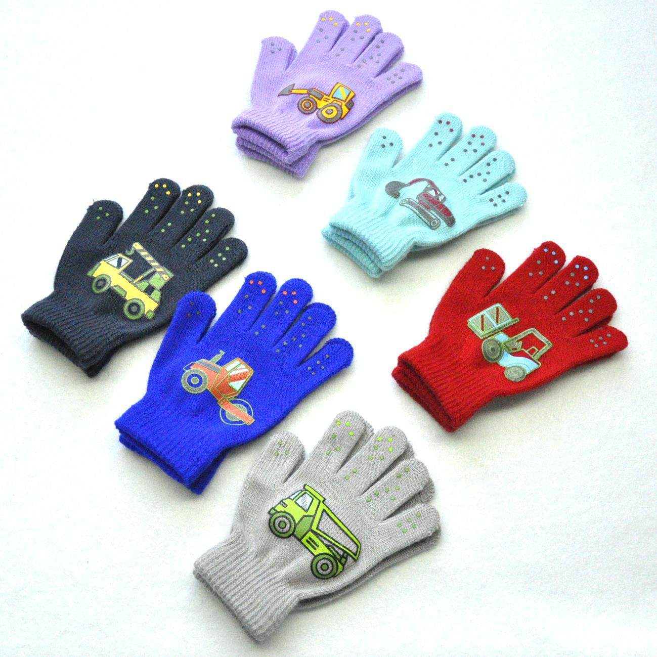6-12 year old children winter cold and warm outdoor sports knitted gloves small excavator pattern printing gloves