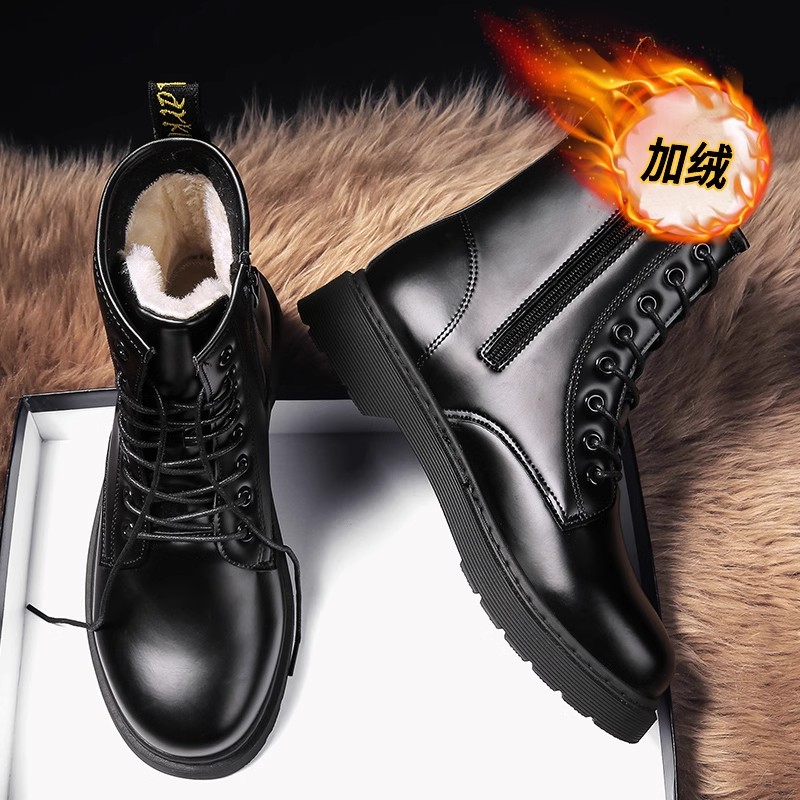 Martin Boots for Men, Winter High-Top Black Motorcycle Waterproof Casual Leather Shoes, Fleece-Lined, Thickened, Warm, Cold-Proof, Snow Boots