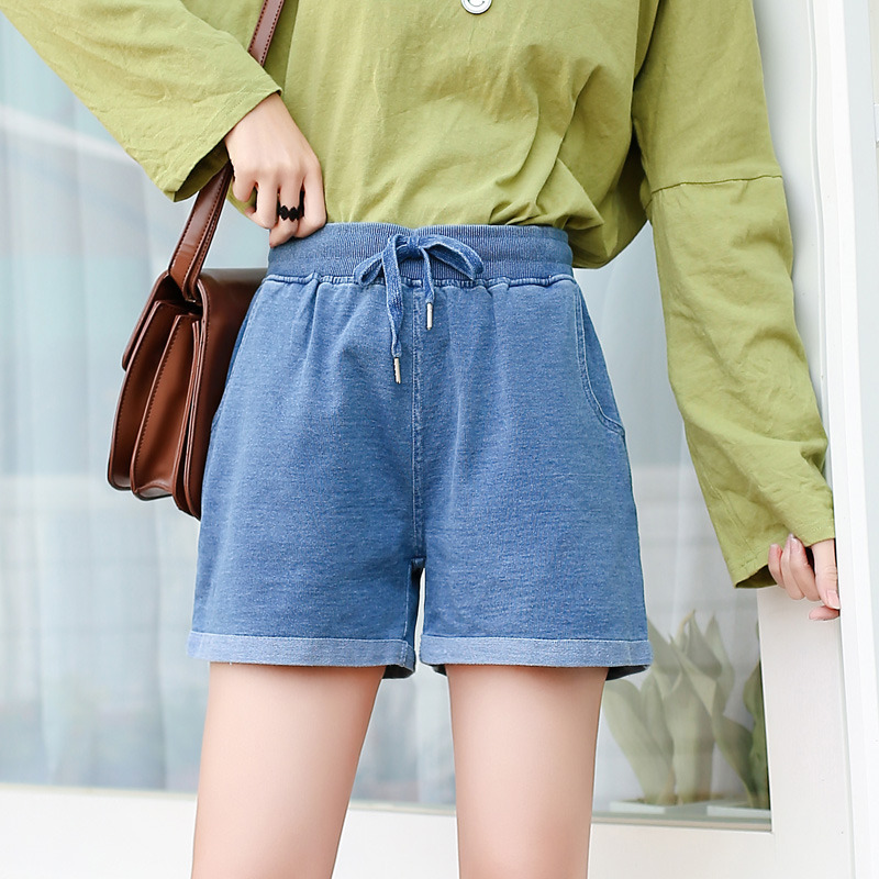 Relax high-waist jeans shorts Han edition Summer thin large-code loose waist soft-imitation jeans