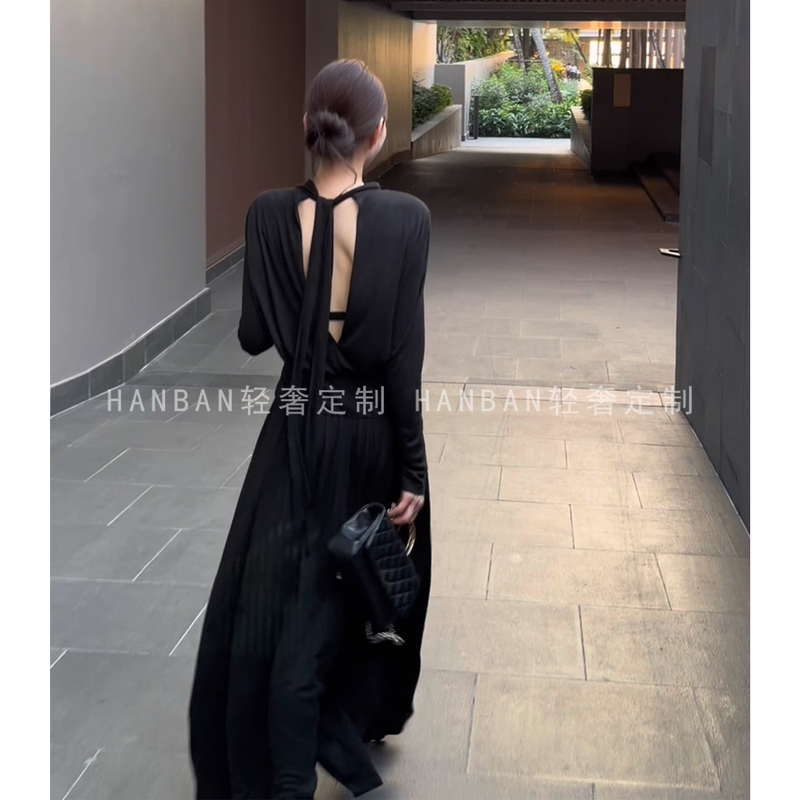 Backless Long Dress for Women, 2026 New Model, Early Summer, Very Beautiful, Long-Sleeved Black Dress, Holiday Style, Long Dress with Ribbons