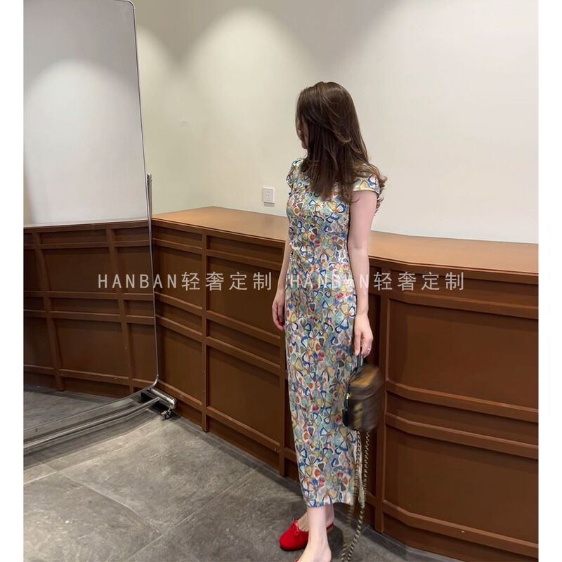 New Chinese-Style Improved Dress, Printed Cheongsam Dress, Beautiful Summer Dress, Waist-Cinching, Hip-Hugging Dress, Slit Long Dress