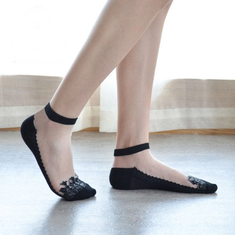 Cotton-Soled Transparent Glass Crystal Stockings for Women, Lace Non-Slip No-Show Socks, Thin, Anti-Slip, Anti-Odor, Premium Quality, Yougou