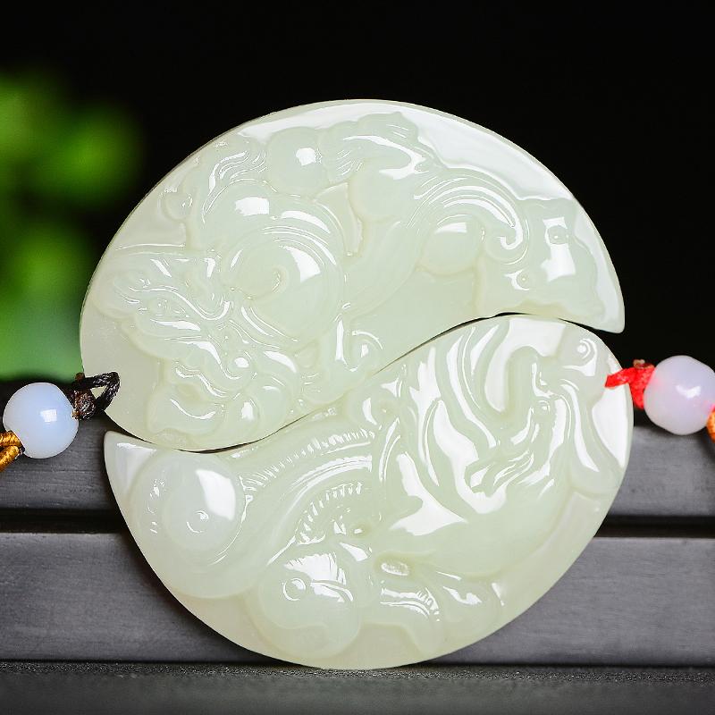 Natural Hetian Jade white jade pendant couple pair pair of dragon and phoenix jade men and women jade pendant letter Jade