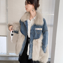 2021 New Denim Splicing Fox Maoists Overcome Female Slimy Age Fur Coats Coat Big Coat Young style Fashion Easy