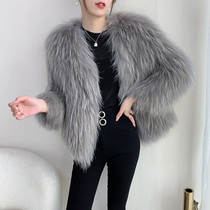 Double-sided raccoon wool woven fur straw jacket female short section V collar 2021 new fox fur coat young to be thin