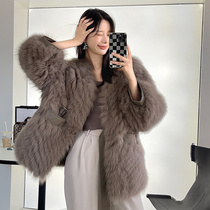 Fox fur straw jacket woman mid-length car bar V collar 2021 New Henin gross sweater young fashion
