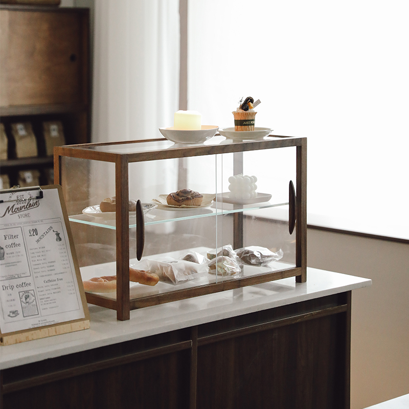 Vintage Black Walnut Solid Wood Glass Bread Display Cabinet Coffee Shop Dessert Tea Set Display Rack Storage Cabinet