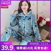 Đồ ngủ mùa thu và mùa đông nữ flannel ấm áp dày có thể mặc phim hoạt hình dễ thương san hô lông cừu hai mảnh dịch vụ nhà - Cha mẹ và con