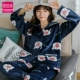 Đồ ngủ dày ấm áp nữ mùa thu và mùa đông flannel phù hợp với tay áo dài cộng với nhung san hô lông cừu mùa đông quần áo mặc nhà dễ thương - Bộ Pajama