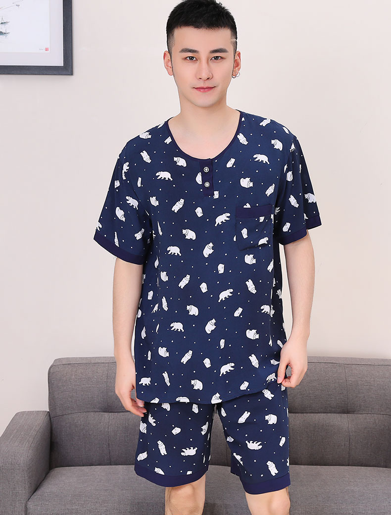 Đồ ngủ nam mùa hè ngắn tay quần short vòng cổ lỏng đồ ngủ XL cotton silk in nhân tạo cotton phù hợp với dịch vụ nhà