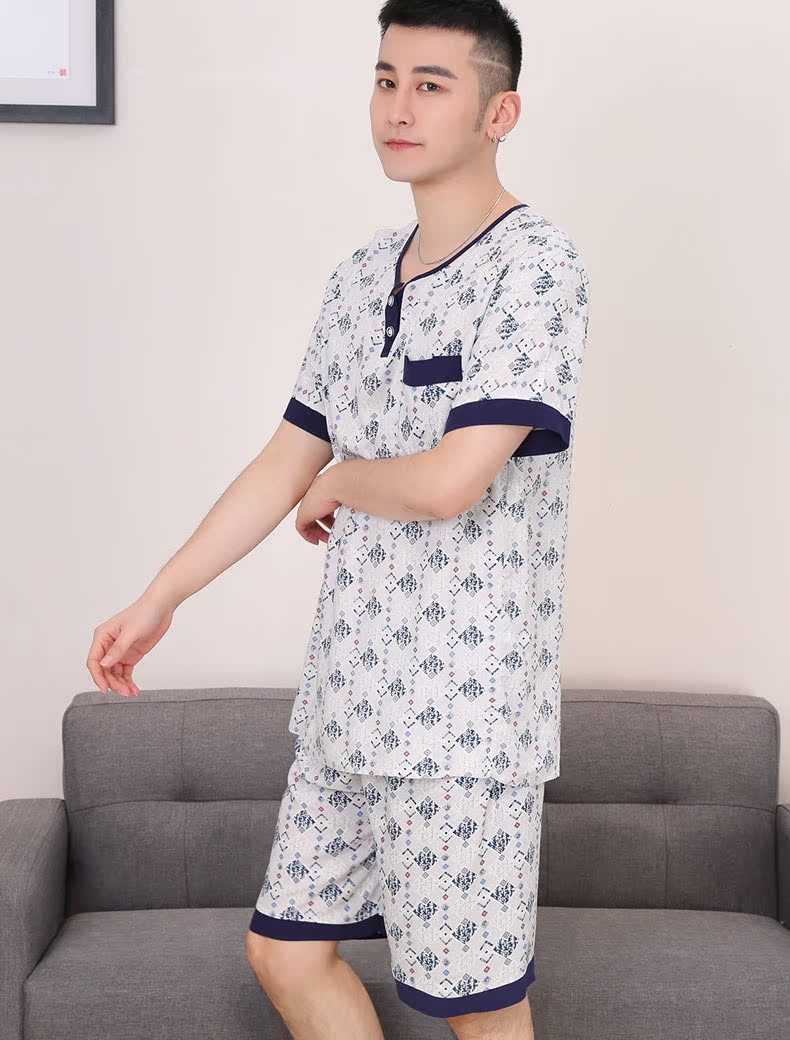 Mùa hè thanh niên nam ngắn tay quần short cotton lụa đồ ngủ vòng cổ áo thun năm quần XL phù hợp với dịch vụ nhà pijama nam