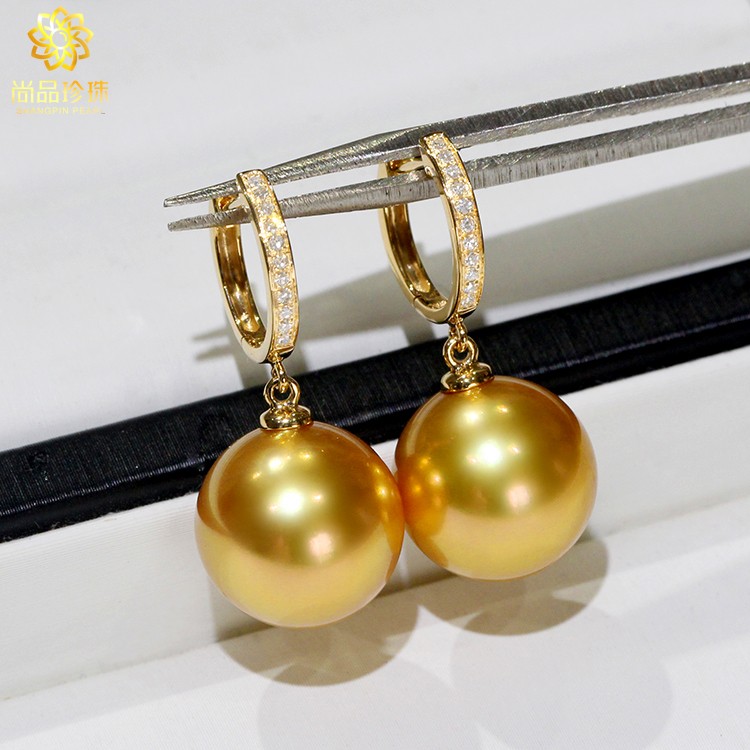 Nanyang gold beads natural seawater pearl earrings earrings earrings earrings 18K gold diamond inlaid perfect round flawless glare