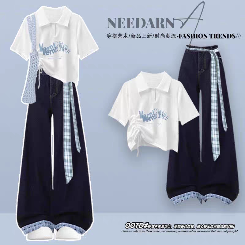 2026 Super Trendy Summer Outfit Set for Girls: Short-Sleeve T-Shirt + Stylish Denim Pants, Casual Sports Set for Middle School Students 2026 Super Trendy Summer Outfit Set for Girls: Short-Sleeve T-Shirt + Stylish Denim Pants, Casual Sports Set for Middle School Students
