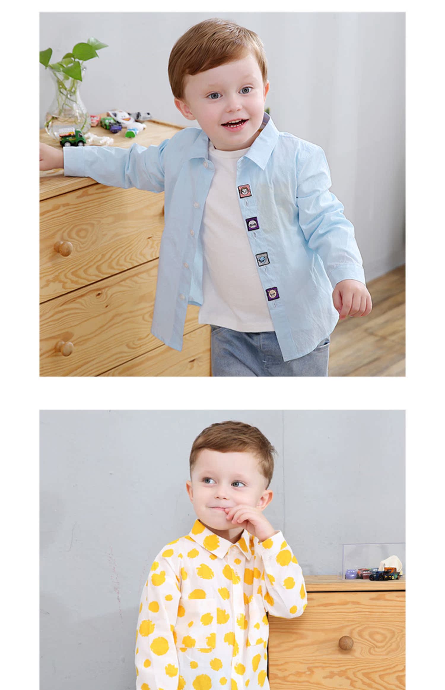 Qi Qi Xiong Chàng trai và cô gái Lapel Áo sơ mi dài tay Áo sơ mi cho bé mùa xuân Quần áo hoạt hình Casual Top áo sơ mi cho bé trai