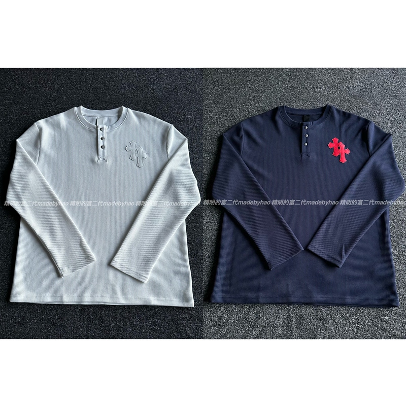 【Buy Something Good】Double Cross-Stitched Leather Silver-Plated Buttons, Henry Collar, Waffle Weave, Long Sleeves, Unisex Style 【Buy Something Good】Double Cross-Stitched Leather Silver-Plated Buttons, Henry Collar, Waffle Weave, Long Sleeves, Unisex Style