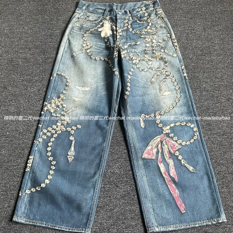 【Zero Color Difference Ceiling】25Fw Crystal Chain 3D Digital Print 1981 Style Jeans Unisex