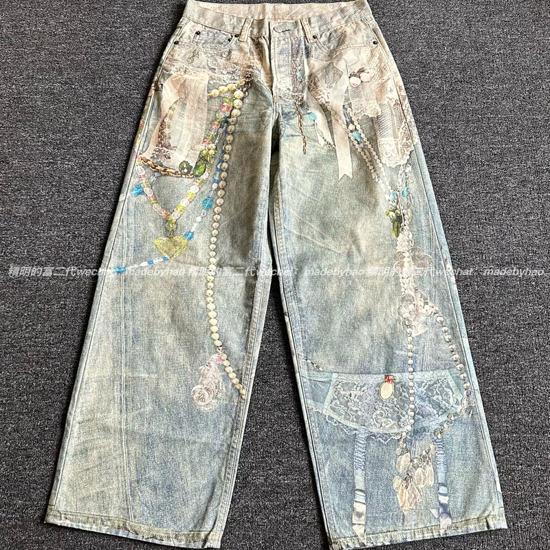 【Zero Color Difference at the Ceiling】25Ss Digital Printing 1981 Lace Pearl Baggy Jeans Unisex