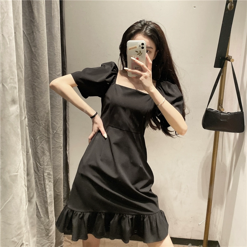 Mùa hè 2020 hàng mới của phụ nữ Hepburn Pháp eo vuông cổ áo cổ điển tay phồng tay áo lá sen - Sản phẩm HOT