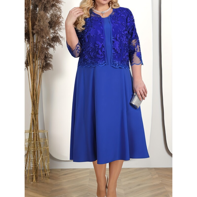 European and American Cross-Border Spring and Summer New Plus-Size Women's Dress 2-Piece Set with Patchwork Embroidery Lace Cocktail Dress