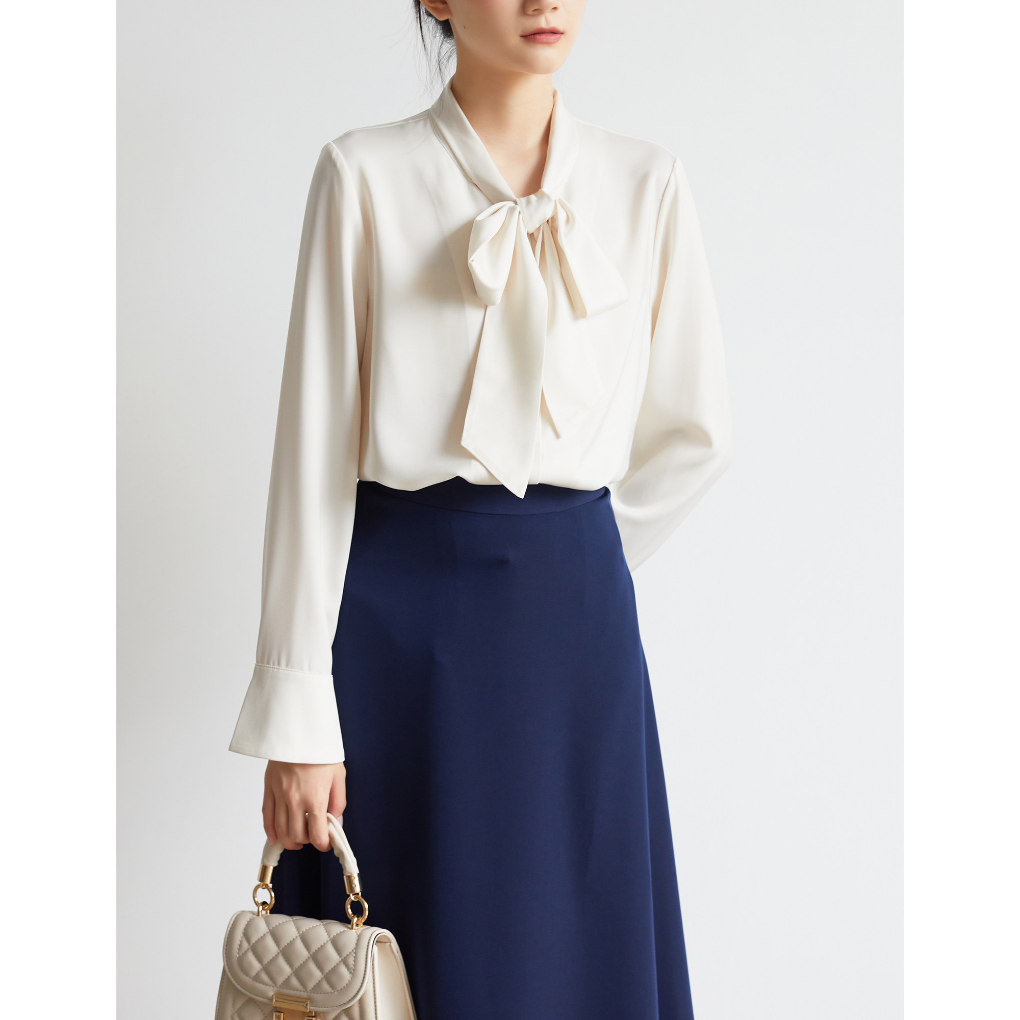 S AUTUMN satin drape bow tie shirt women design niche apricot long-sleeved temperament streamer shirt spring