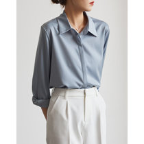 S AUUMN foggy blue satin face long sleeve shirt woman commute design feeling small and light coveted lining clothes