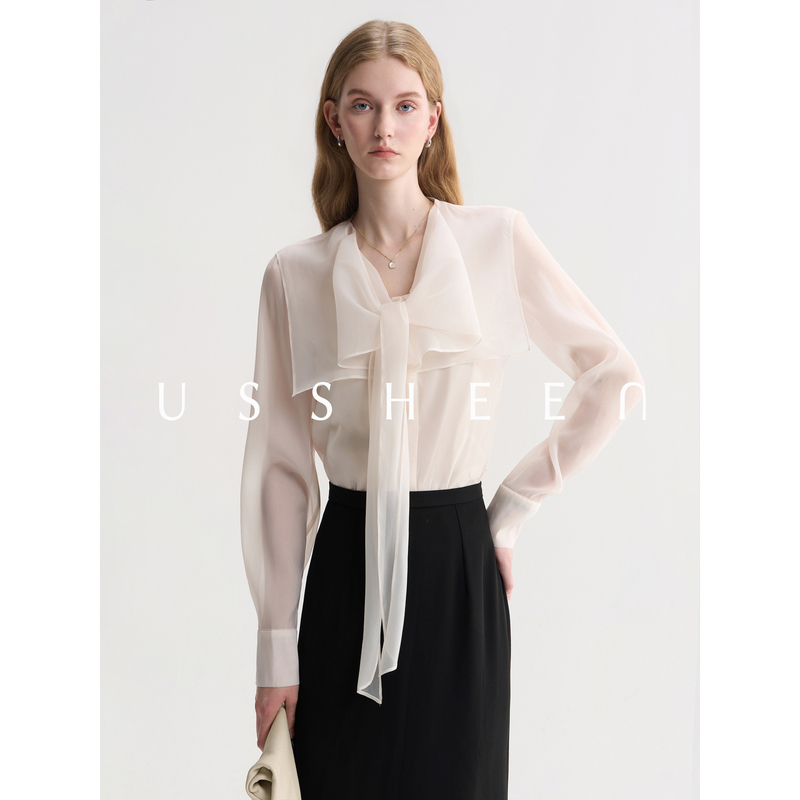 Ussheen French Bow-Tie Shirt for Women, Long-Sleeved, Elegant, Strappy, Slightly See-Through Design Top