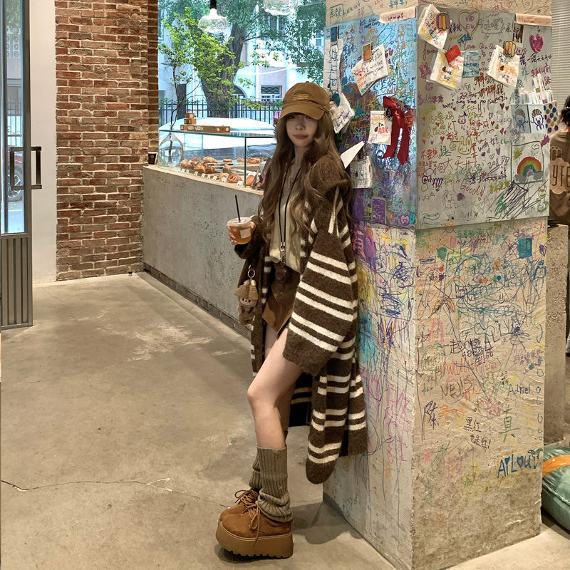 Anhuohuo Korean Style Lazy Retro Striped Hooded Knitted Cardigan for Women, Loose and Soft Long Sweater Coat for Spring and Autumn