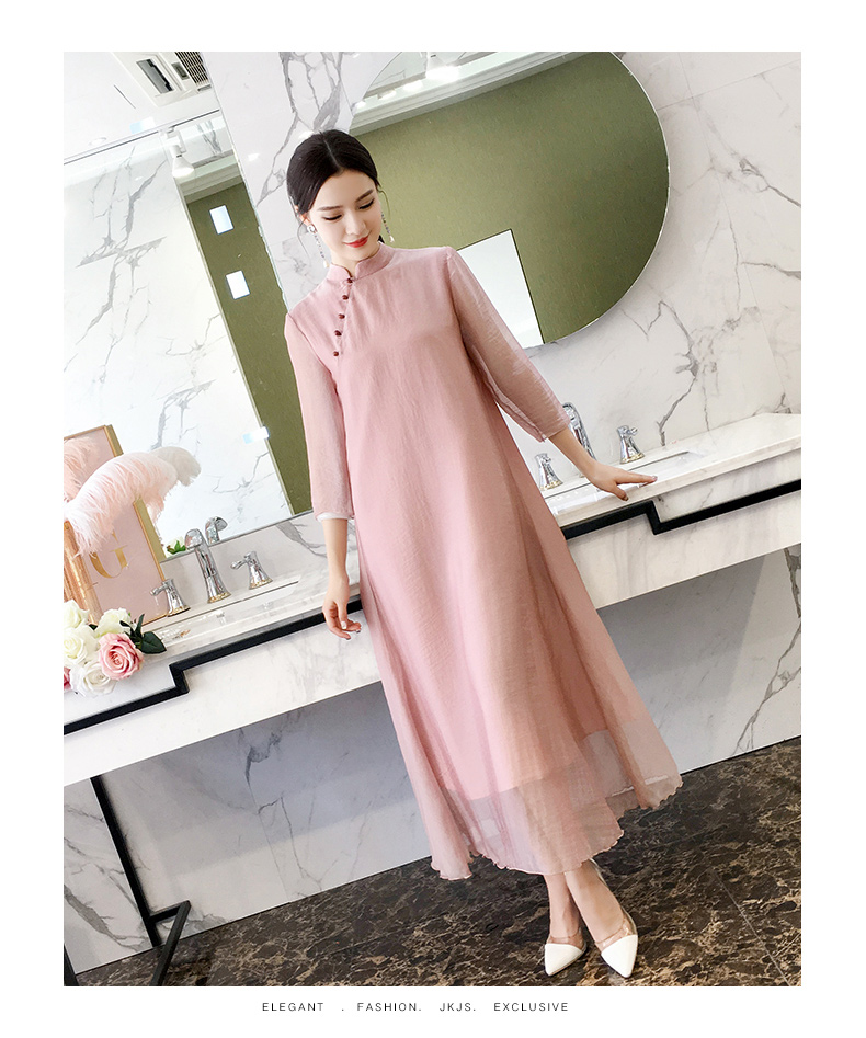 Cải tiến sườn xám xuân 2018 mới đầm voan nữ retro phong cách dân tộc đầm maxi trắng
