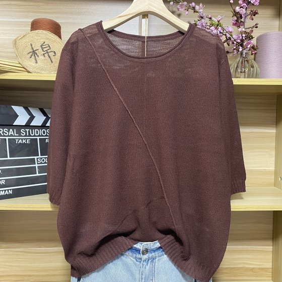 2025新款女装夏装半袖套头圆领打底衫上衣五分袖纯色大码针织衫女