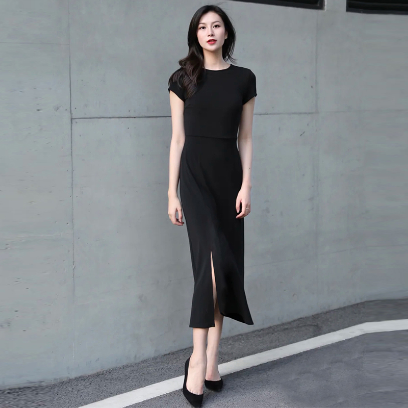 Summer new black round neck short sleeve thin elegant dress long version temperament fashion slim waist cheongsam skirt