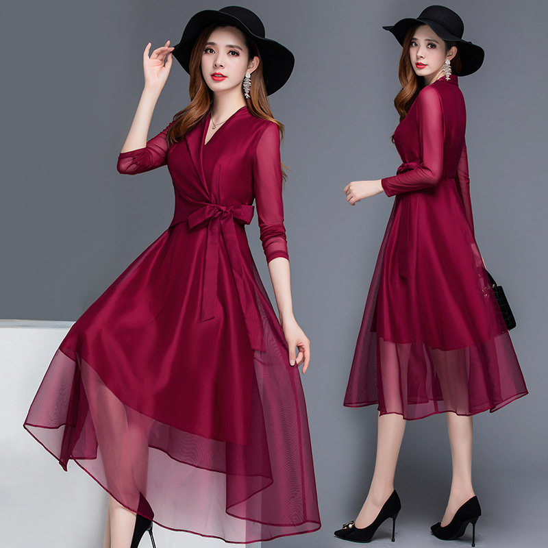 Long-sleeved dress autumn 2021 new V-neck temperament high-end thin mesh over the knee spring and autumn red skirt